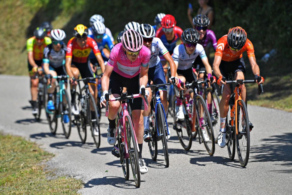 MONTE MATAJUR ITALY JULY 10 Anna Van Der Breggen of Netherlands and Team SD Worx Pink Leader Jersey during the 32nd Giro dItalia Internazionale Femminile 2021 Stage 9 a 1226km stage from FelettoUmberto to Monte Matajur 1267m GiroDonne UCIWWT on July 10 2021 in Monte Matajur Italy Photo by Luc ClaessenGetty Images