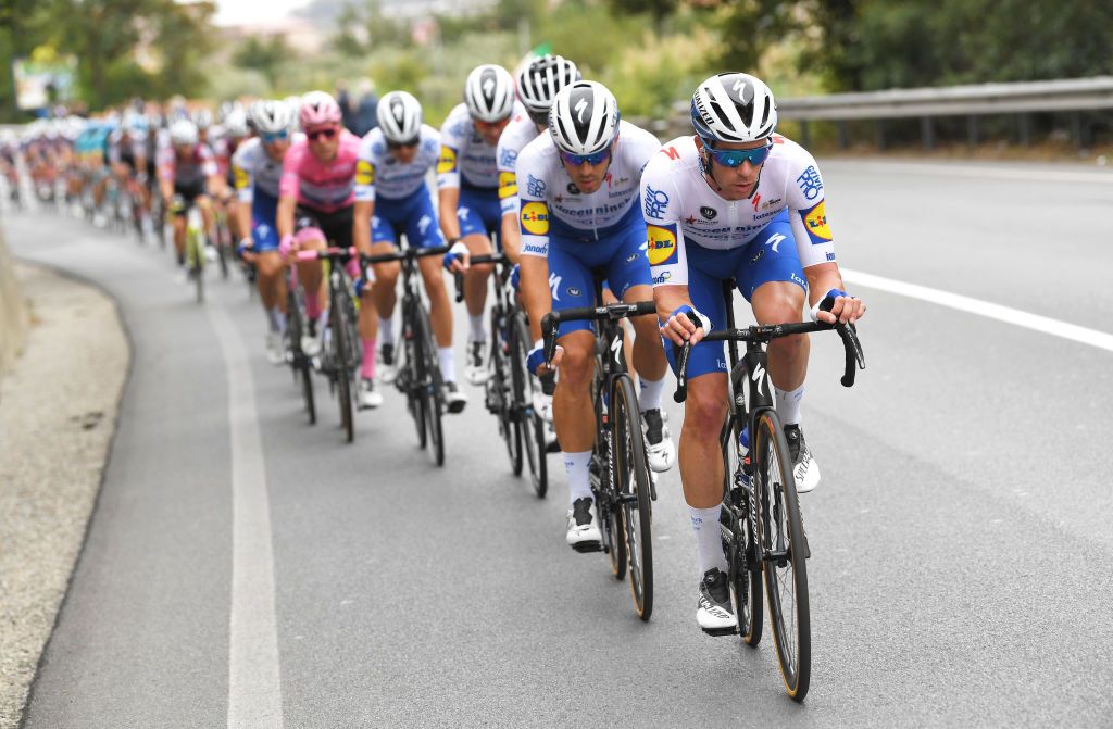 CAMIGLIATELLO SILANO ITALY OCTOBER 07 Iljo Keisse of Belgium and Team Deceuninck QuickStep Davide Ballerini of Italy and Team Deceuninck QuickStep Peloton during the 103rd Giro dItalia 2020 Stage 5 a 225km stage from Mileto to Camigliatello Silano 1275m girodiitalia Giro on October 07 2020 in Camigliatello Silano Italy Photo by Tim de WaeleGetty Images