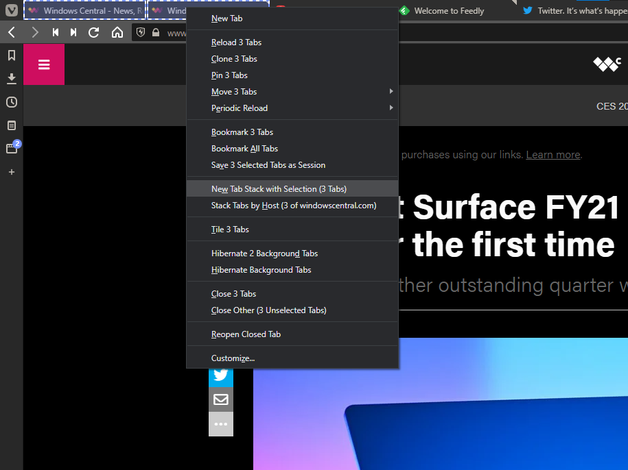 Vivaldi Create Tab Stack