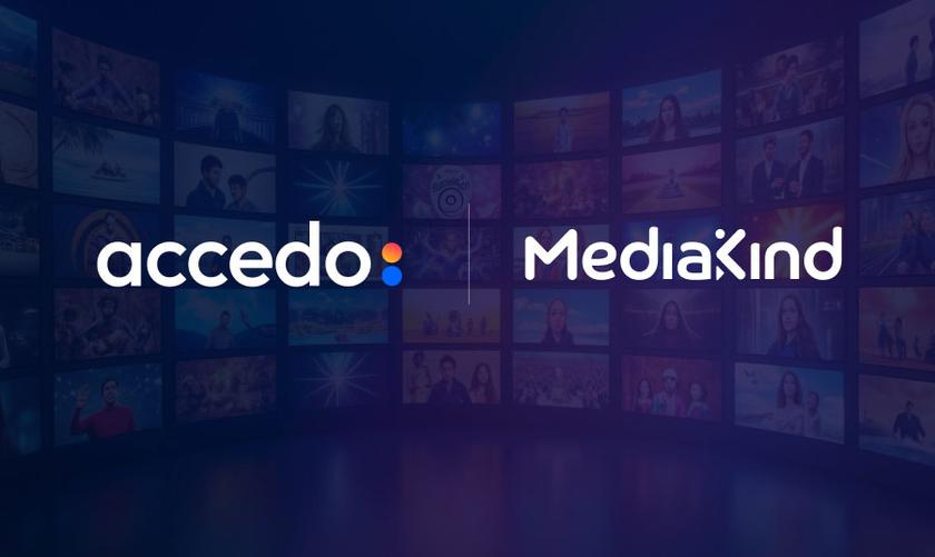Accedo and MediaKind logos on a dark blue background
