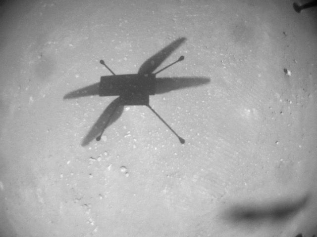  NASA&#039;s Mars helicopter Ingenuity captured this image of its own shadow using its navigation camera on Feb. 8, 2022, during the chopper’s 19th Red Planet flight.