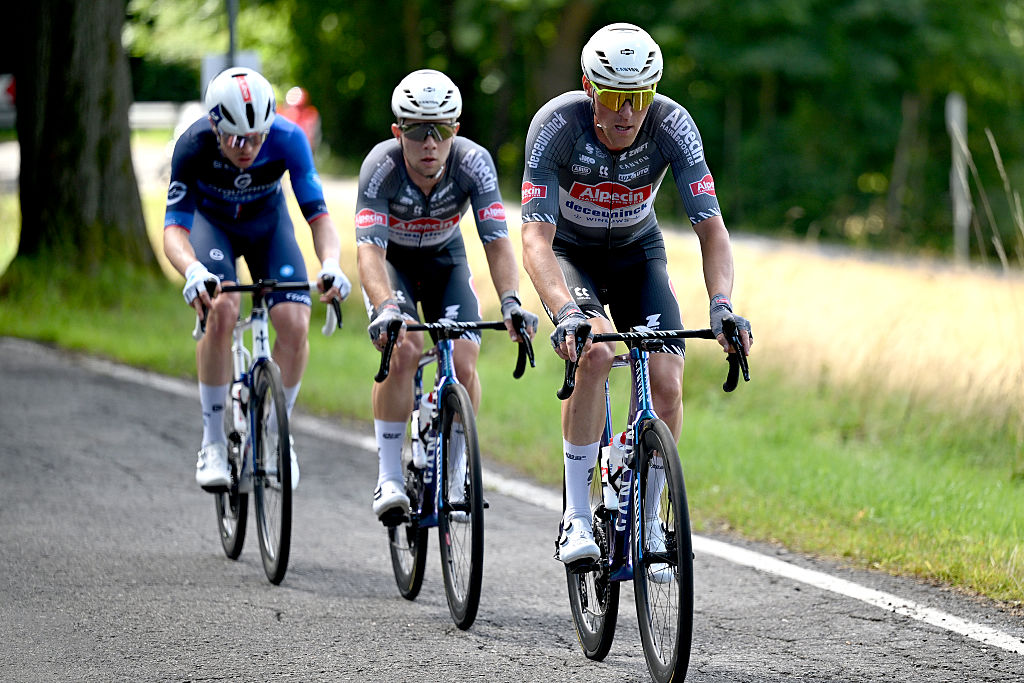 WALBRZYCH, POLAND - AUGUST 06: Timo Kielich of Belgium and Team Alpecin - Deceuninck leads the breakaway during the 82nd Tour de Pologne 2025, Stage 3 a 159.3km stage from Walbrzych to Walbrzych / #UCIWT / on August 06, 2025 in Walbrzych, Poland. (Photo by Luc Claessen/Getty Images)