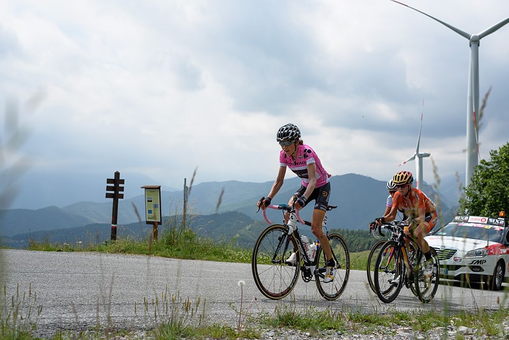 Mara Abbott leads a group of three including Evelyn Stevens and Kasia Niewiadoma over the highest climb of the day at Giro Rosa 2016 - Stage 6.