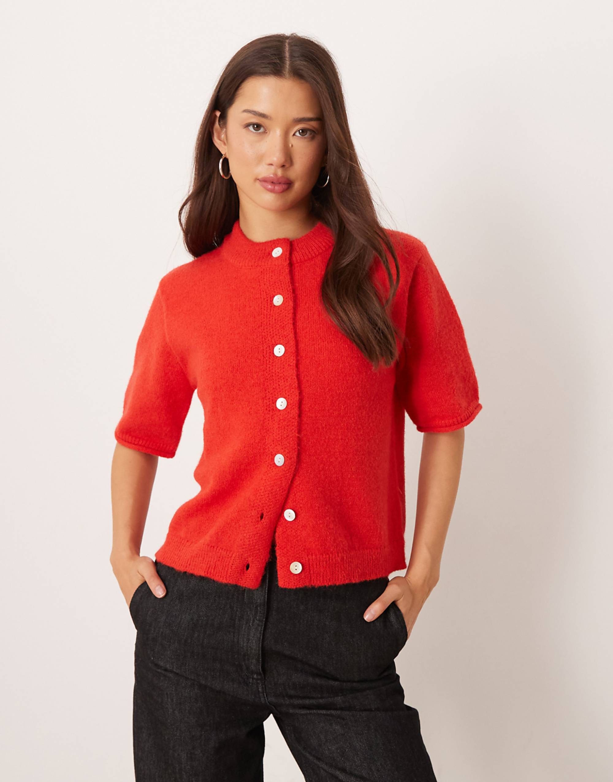 Asos Design Rolled Edge Short Sleeve Cardigan in Red