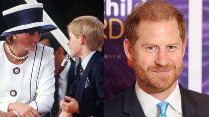 Princess Diana talking to young Prince Harry while wearing a white blazer and hat next to a current photo of Prince Harry wearing a suit and tie