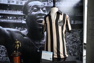 A Santos shirt worn by Pelé up for auction in Beverly Hills in 2023.