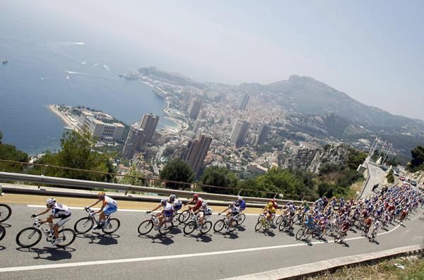 The peloton climbs out of Monaco.