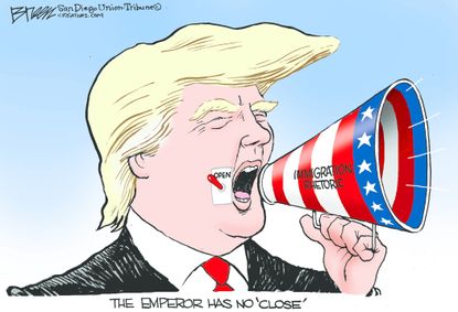 Political cartoon U.S. Trump immigration rhetoric emperor