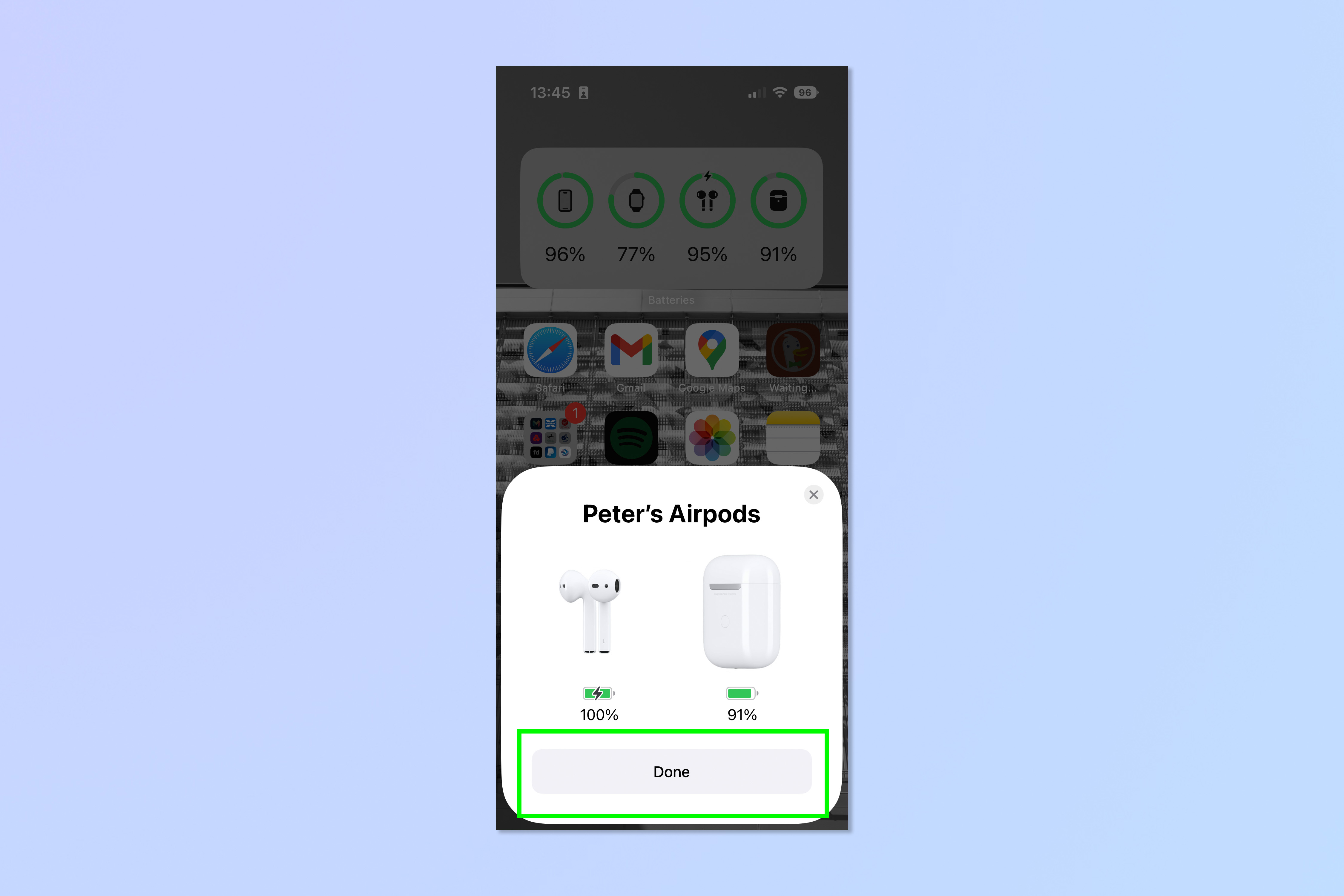 Снимок экрана, показывающий шаги, необходимые для подключения AirPods к iPhone или iPad.
