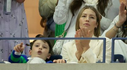 Jessica Biel and her son Silas Timberlake attend day four of the 2024 US Open Tennis Championships at the USTA Billie Jean King Tennis Center on August 29, 2024 in Flushing Meadows, Queens, New York City.