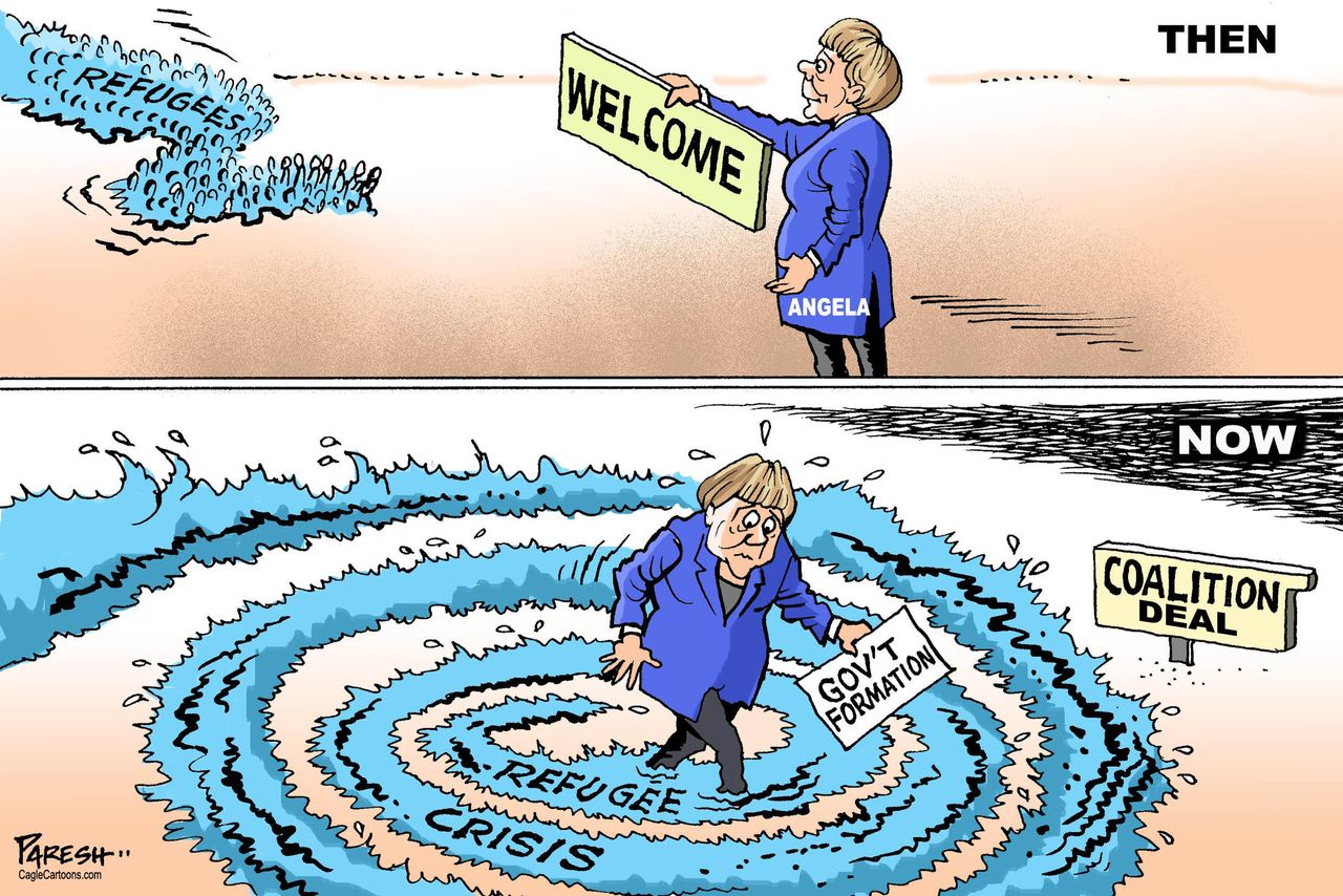 Political cartoon World Angela Merkel Germany refugee crisis coalition deal