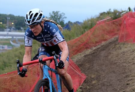 Katie Compton (Trek Panache) riding an off-camber section during lap four