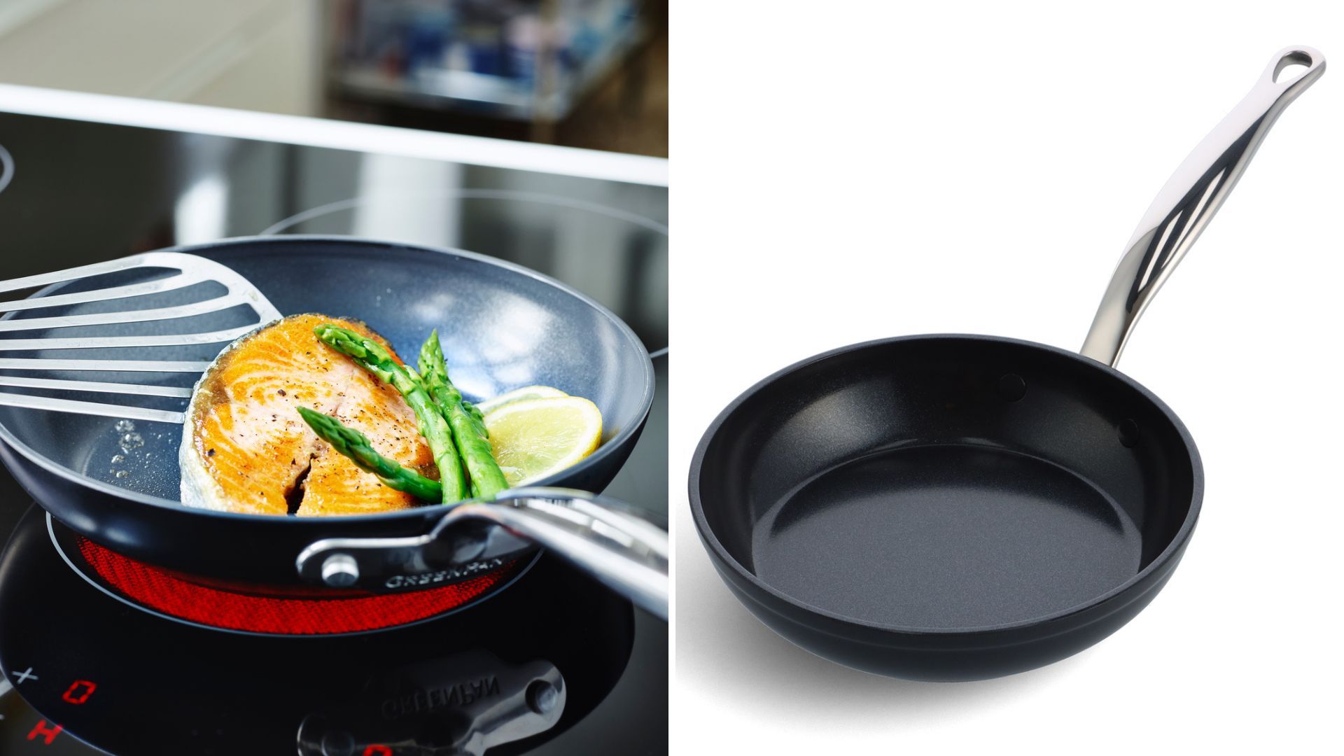 GreenPan Barcelona best induction pan on an induction hob cooking fish