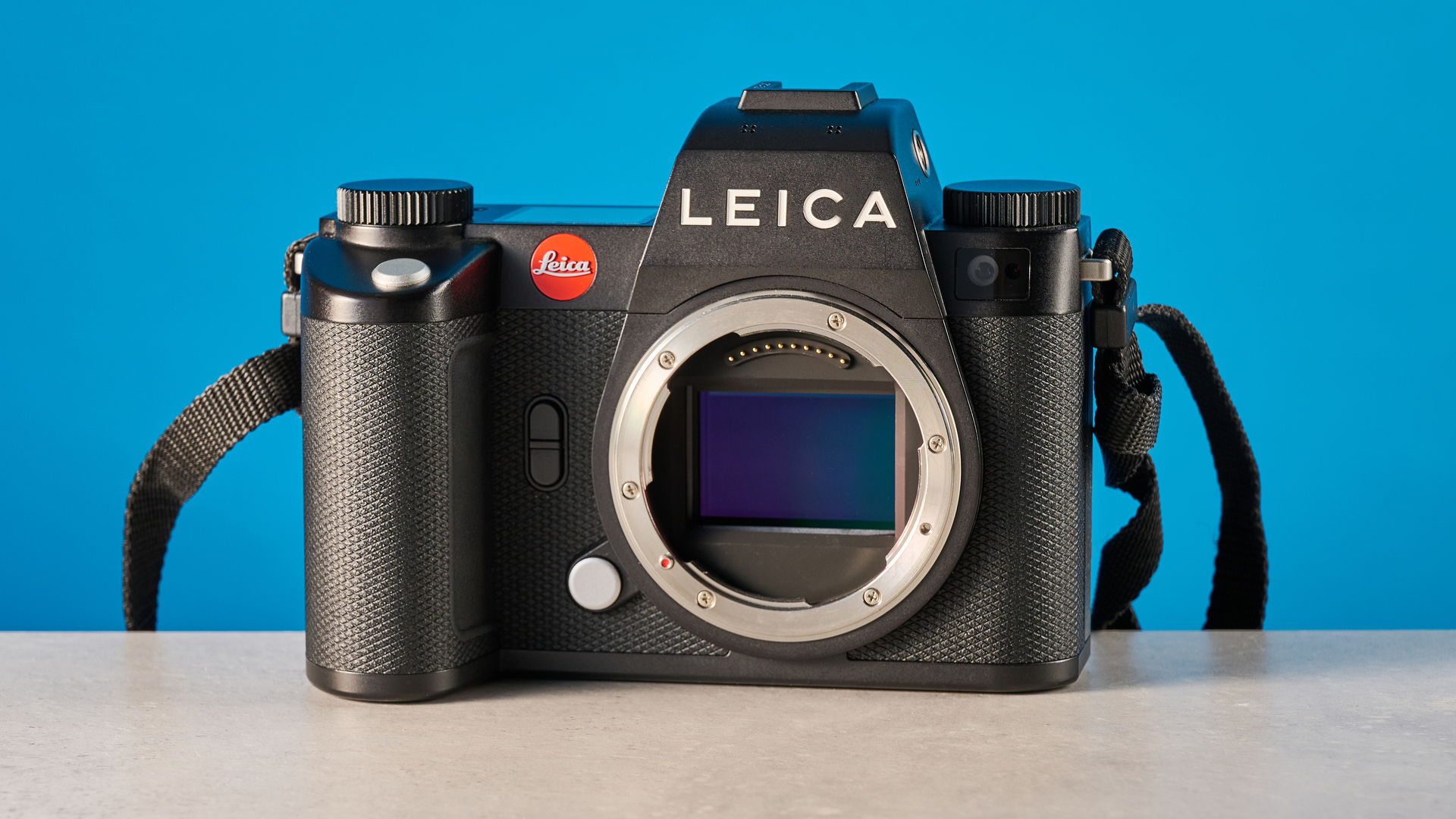 A black Leica SL3 mirrorless full frame camera