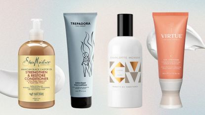 Collage of four of the best conditioners for curly hair from (left to right) Shea Moisture, Trepadora, Charlotte Mensah and Virtue, set in front of two product swatches on a pastel ombre background 