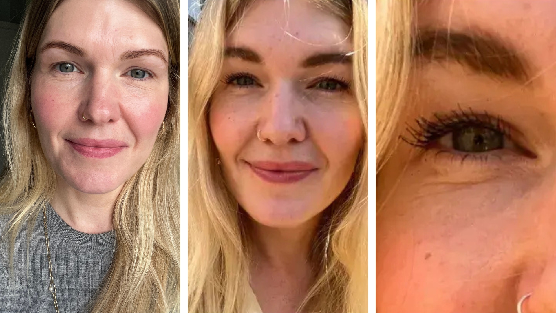 On the left is a picture of Digital Beauty Editor, Fiona McKim with no mascara on, followed by a picture of her having applied the Merit Mascara, and on the right, a close-up of her eye to show the mascara on her eyelashes, in detail.