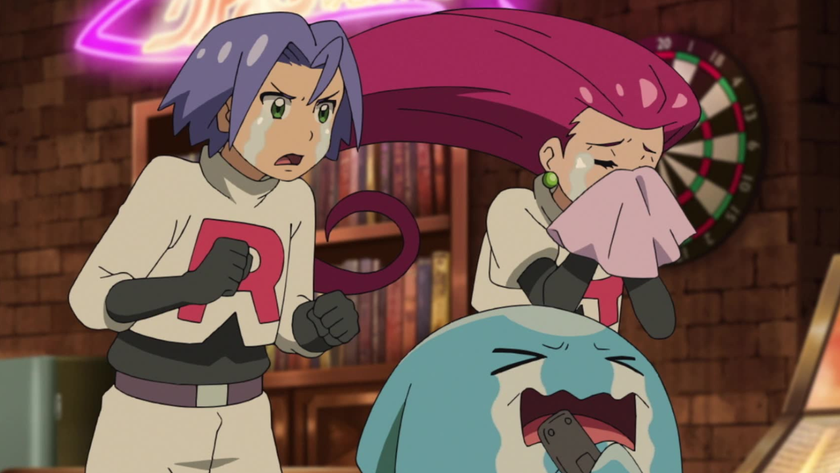 James, Jessie, and Wobbuffet from Team Rocket crying 