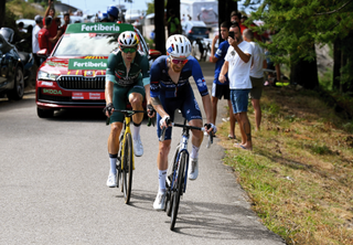 BAIONA, SPAIN - AUGUST 27: (L-R) Wout van Aert of Belgium and Team Visma | Lease a Bike - Green Points Jersey and Quentin Pacher of France and Team Groupama-FDJ compete in the breakaway during the La Vuelta - 79th Tour of Spain 2024, Stage 10 a 160km stage from Ponteareas to Baiona / #UCIWT / on August 27, 2024 in Baiona, Spain. (Photo by Tim de Waele/Getty Images)