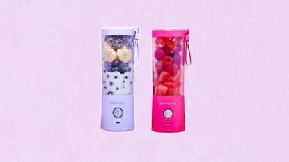 The BlendJet 2 recall impacts portable blenders like these ones pictured in purple and pink, featured here on a purple background