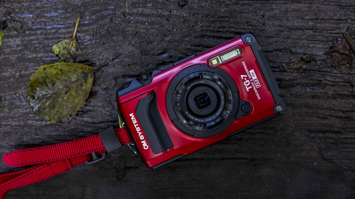 The OM System Tough TG-7 camera on a wooden log across a river