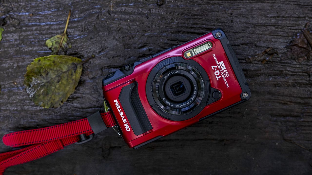 The OM System Tough TG-7 camera on a wooden log across a river