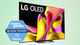 LG B3 OLED TV on green background with deal tag 