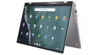 Asus Chromebook Flip C434 shown in tent mode on white background
