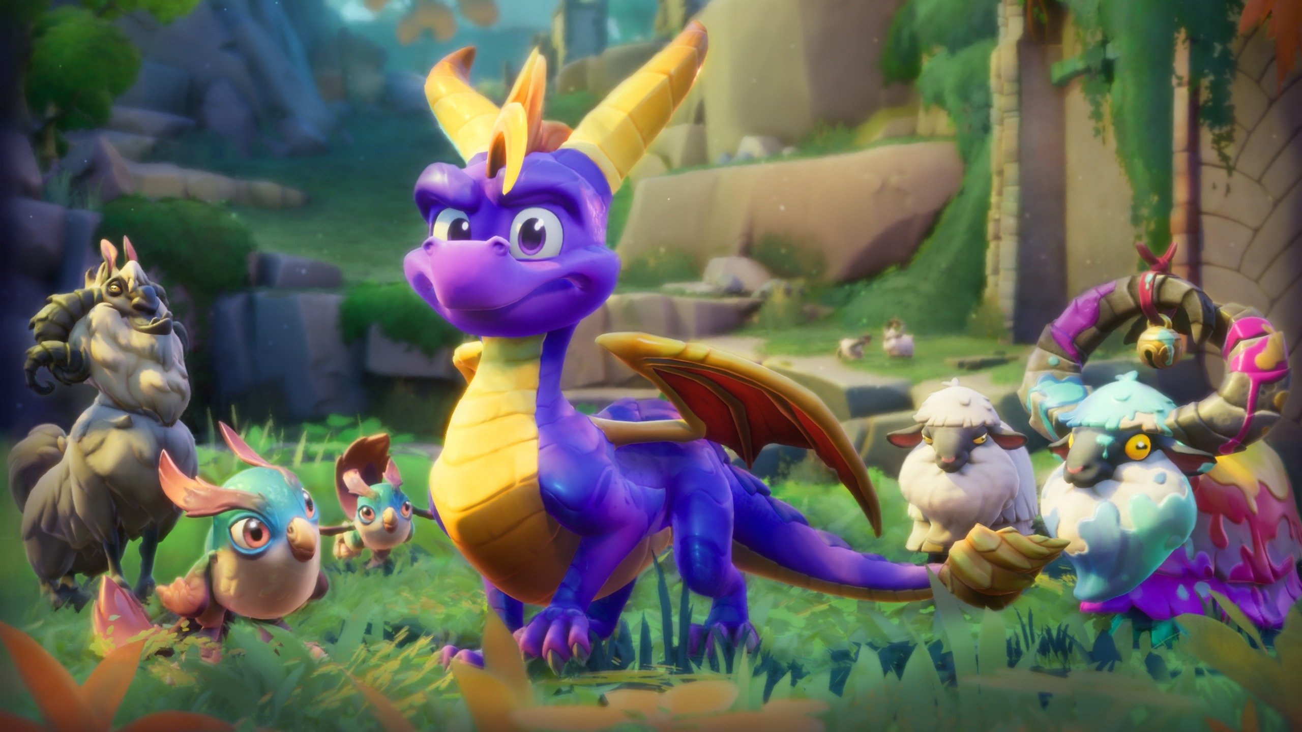 A purple dragon stands in a grassy field surrounded by various fantasy creatures, including a small bird-like animal, a sheep, and a horned beast.