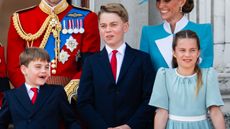 Prince Louis of Wales, Prince William, Prince of Wales, Prince George of Wales, Catherine, Princess of Wales and Princess Charlotte of Wales during Trooping The Colour 2025 on June 14, 2025