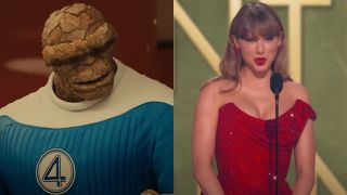 From left to right: The Thing looking to his right and Taylor Swift at the Grammy's talking into a mic.