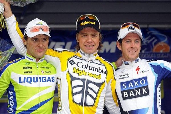 The final podium: Aleksandr Kuschynski (Liquigas), Edvald Boasson Hagen (Columbia) and Matthew Goss (Saxo Bank).