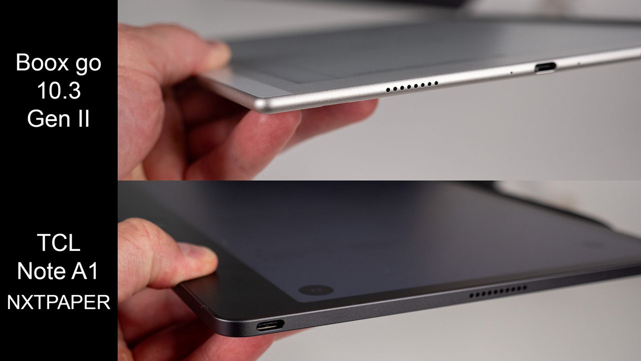 Holding the Boox Go 10.3 Gen II and the TCL Note A1 NXTPAPER to compare weight and thinness