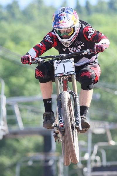 Aaron Gwin (Trek World Racing) is all business over the final jump of his run to the win.