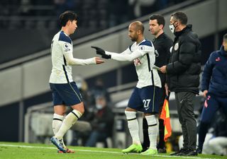 Tottenham Hotspur’s Son Heung-min (left) is substituted for teammate Lucas Moura (right) during the Premier League match at Tottenham Hotspur Stadium, London
