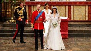 Prince William and Catherine Middleton, followed by best man Prince Harry and Maid of Honour Pippa Middleton, leave Westminster Abbey following their Royal Wedding