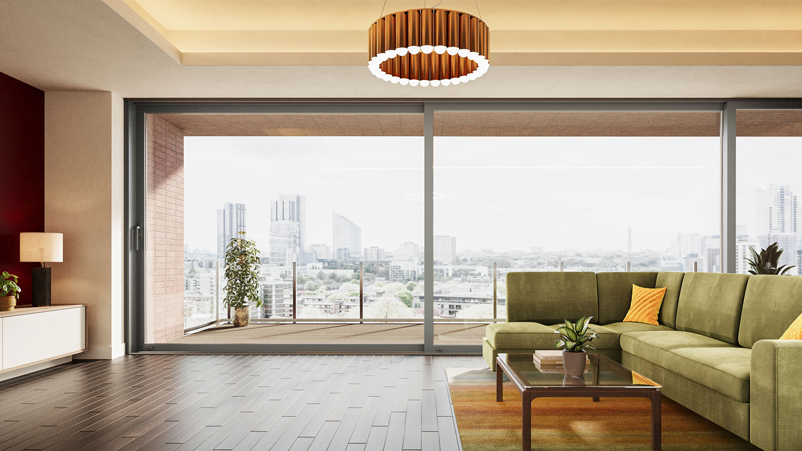 contemporary apartment with a view over a city through large sliding doors 