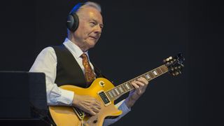 Robert Fripp performs at Fairport's Cropredy Convention 2023 on August 10, 2023 in Cropredy, Oxfordshire. He is using his Fernandes Goldtop Custom, a copy of a Gibson Les Paul.