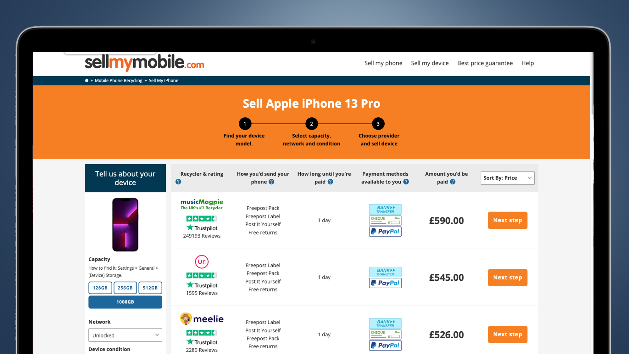 A laptop screen showing the Sell My Mobile website