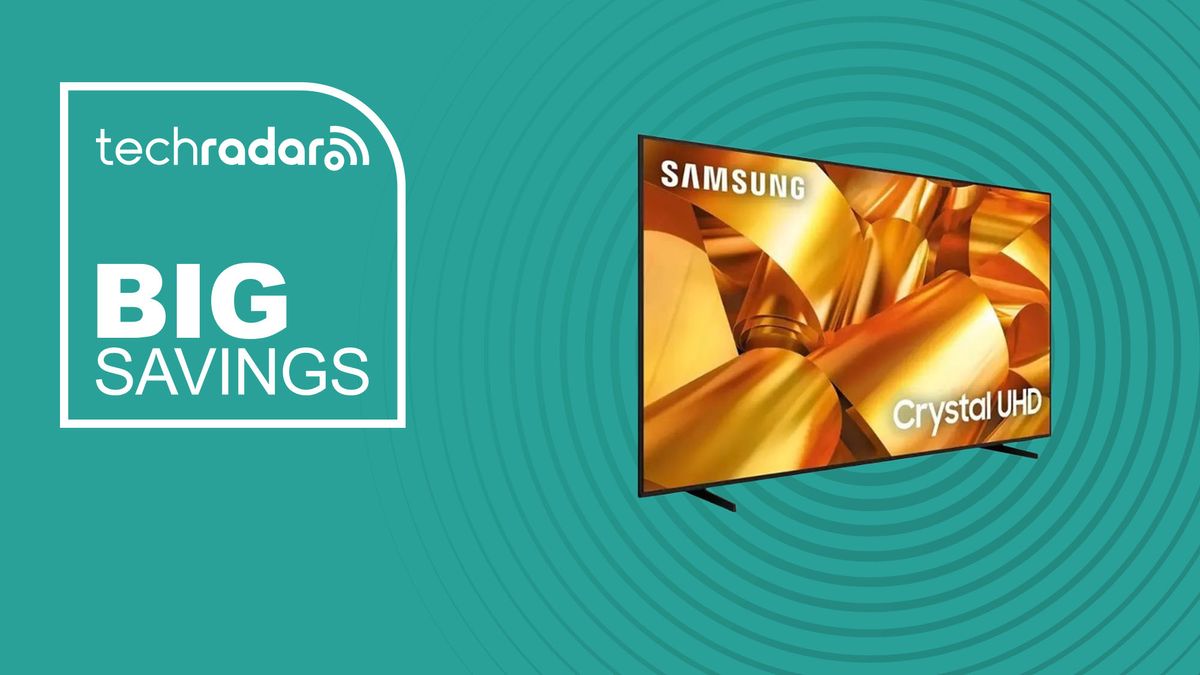 The Samsung DU6950 85-inch 4K TV on a green background with text saying Big Savings.