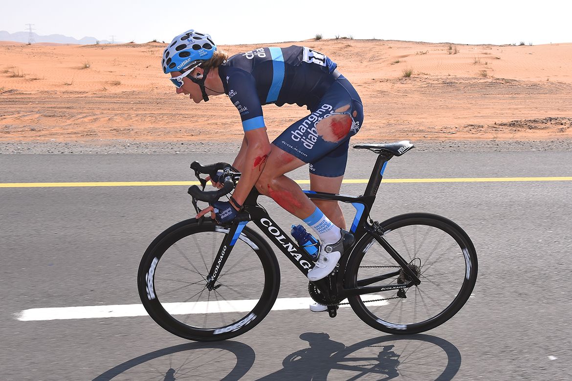Brian Kamstra took a tumble in the crosswinds