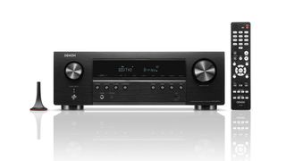 Denon AVR-S670H home cinema amplifier on white background with remote control