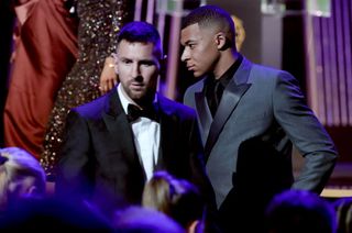 Inter Miami CF's Argentine forward Lionel Messi (L) passes next to Paris Saint Germain's French forward Kylian Mbappe (R) during the 2023 Ballon d'Or France Football award ceremony at the Theatre du Chatelet in Paris on October 30, 2023. (Photo by FRANCK FIFE / AFP) (Photo by FRANCK FIFE/AFP via Getty Images)