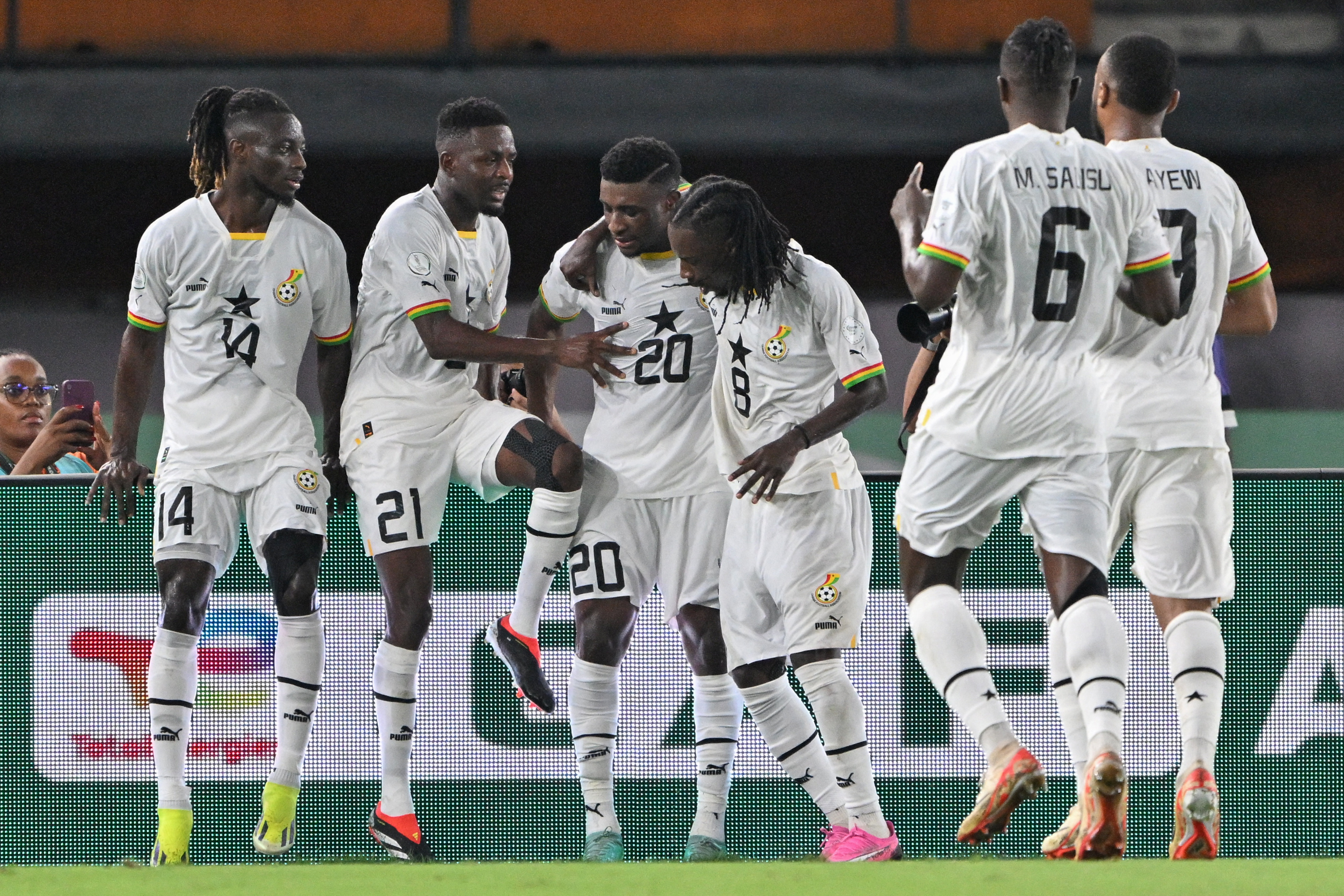 Ghana players celebrate a goal against Egypt at the Africa Cup of Nations in January 2024.