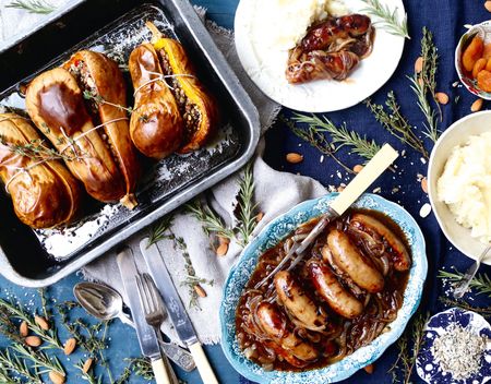 Stuffed butternut squash with bangers and mash. ©Melanie Johnson / Country Life Picture Library