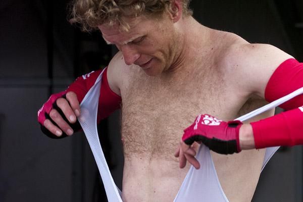 Don't release those bib straps too quickly Shawy! Tour leader Stuart Shaw (Drapac Porsche) unwinds after stage twelve.