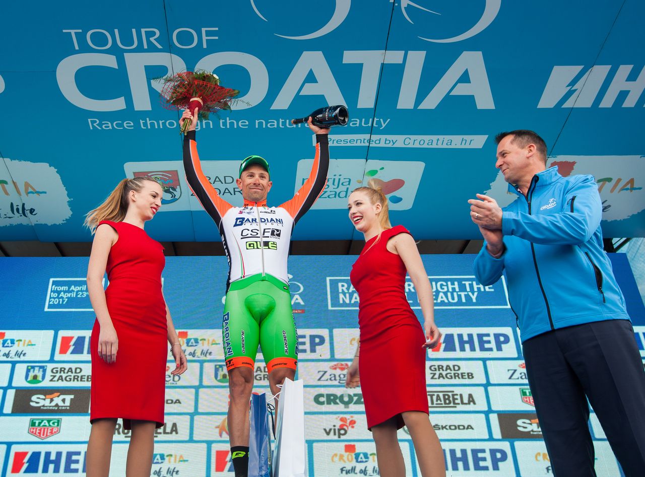 Nicola Ruffoni atop the stage 3 podium at the Tour of Croatia