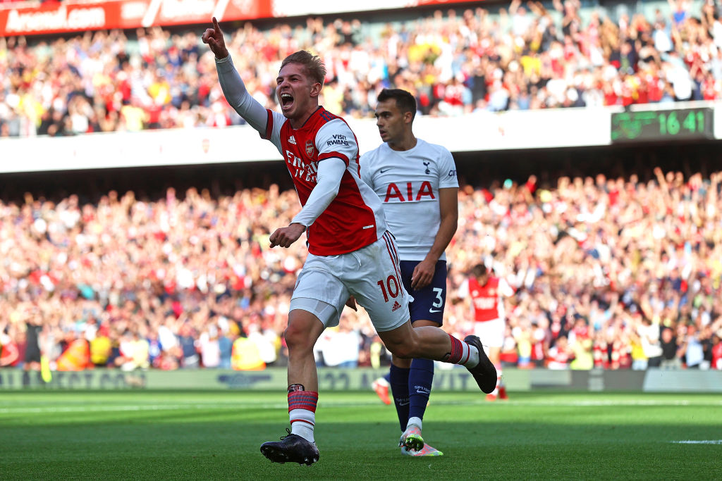 Arsenal midfielder Emile Smith Rowe celebrates a goal against Tottenham in 2021.