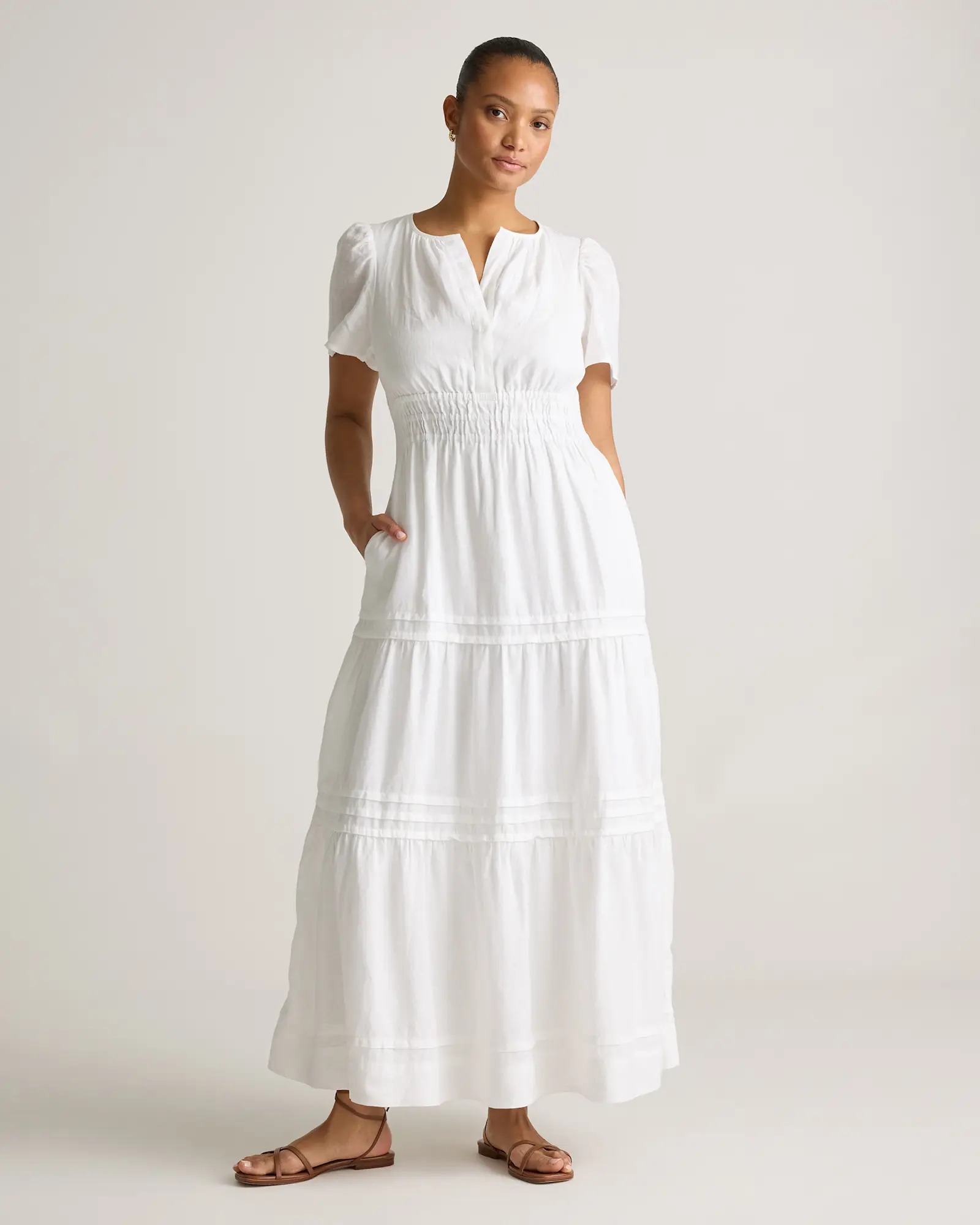 100% European Linen Tiered Maxi Dress in White