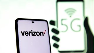 Phone with Verizon logo on white background with 5G sign