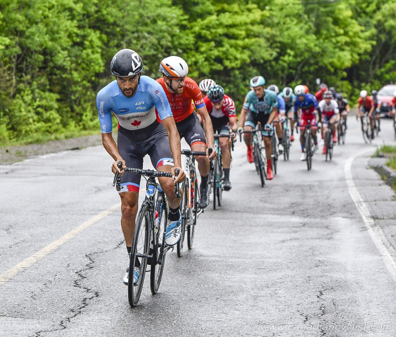 James Piccoli (Team Canada) leading the bunch lower on the climb up Mont Megantic at Tour de Beauce